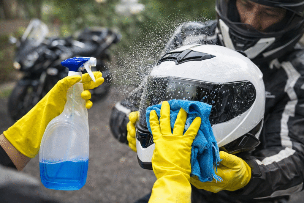 motorcyclist cleaning his helmet before a long ride